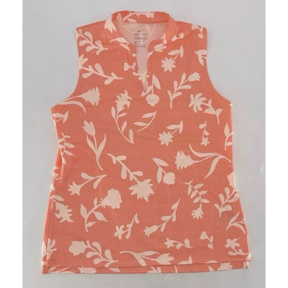 Nike Dri FIT Women’s Golf Polo Victory Mock Neck‎ Sleeveless Orange Floral Sz M